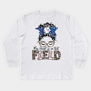 My Heart Is On That Field Baseball Leopard Baseball Mom Kids Long Sleeve T-Shirt